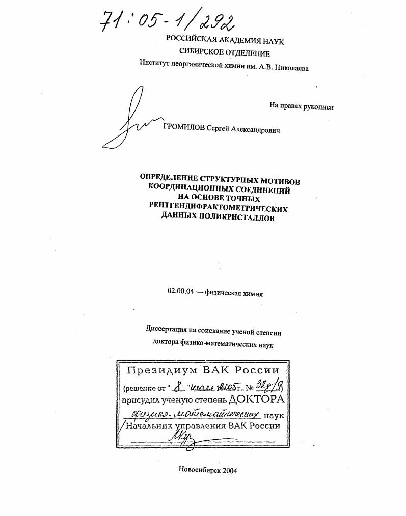 Определение структурных мотивов координационных соединений на основе точных рентгендифрактометрических данных поликристаллов
