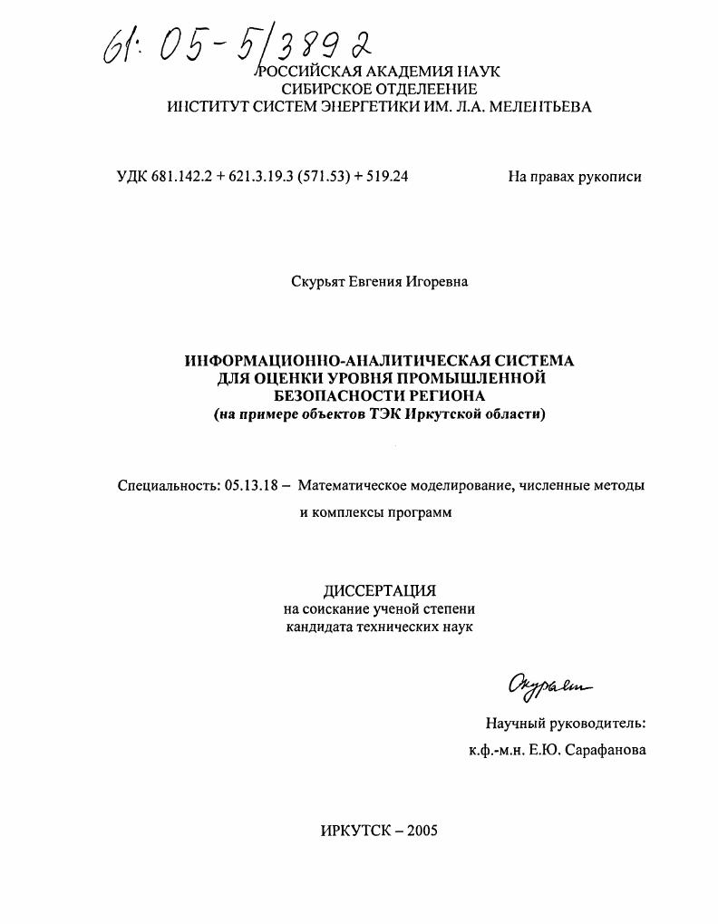 Информационно-аналитическая система для оценки уровня промышленной безопасности региона : На примере объектов ТЭК Иркутской области