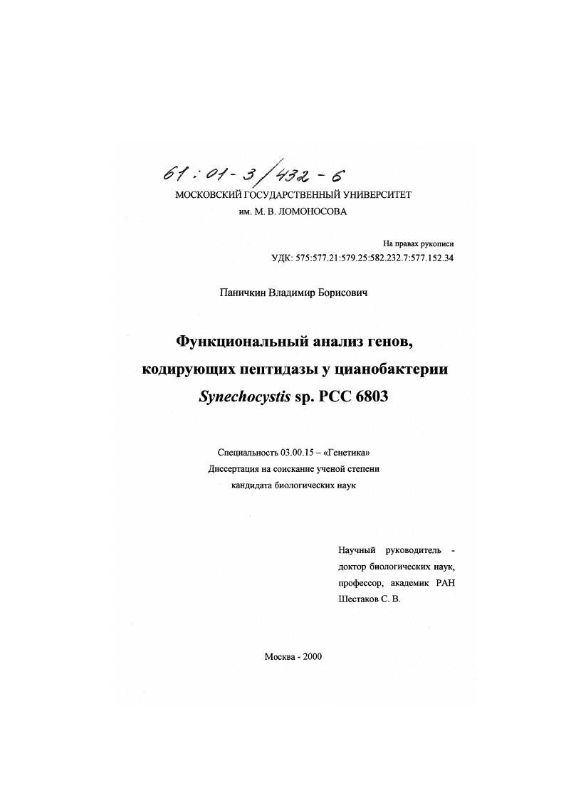Функциональный анализ генов, кодирующих пептидазы у цианобактерии Synechocystis Sp. PCC 6803