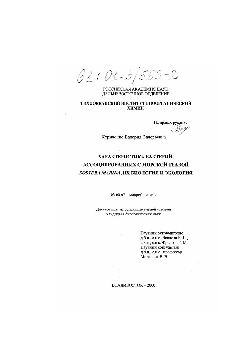 Характеристика бактерий, ассоциированных с морской травой Zostera marina, их биология и экология