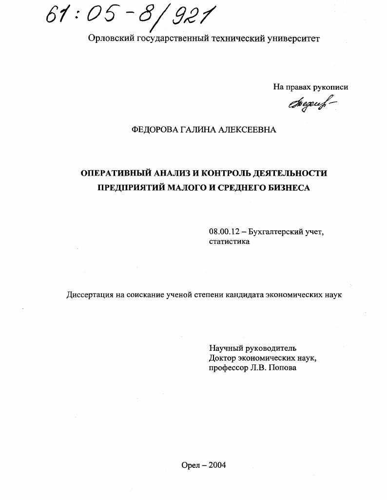Оперативный анализ и контроль деятельности предприятий малого и среднего бизнеса