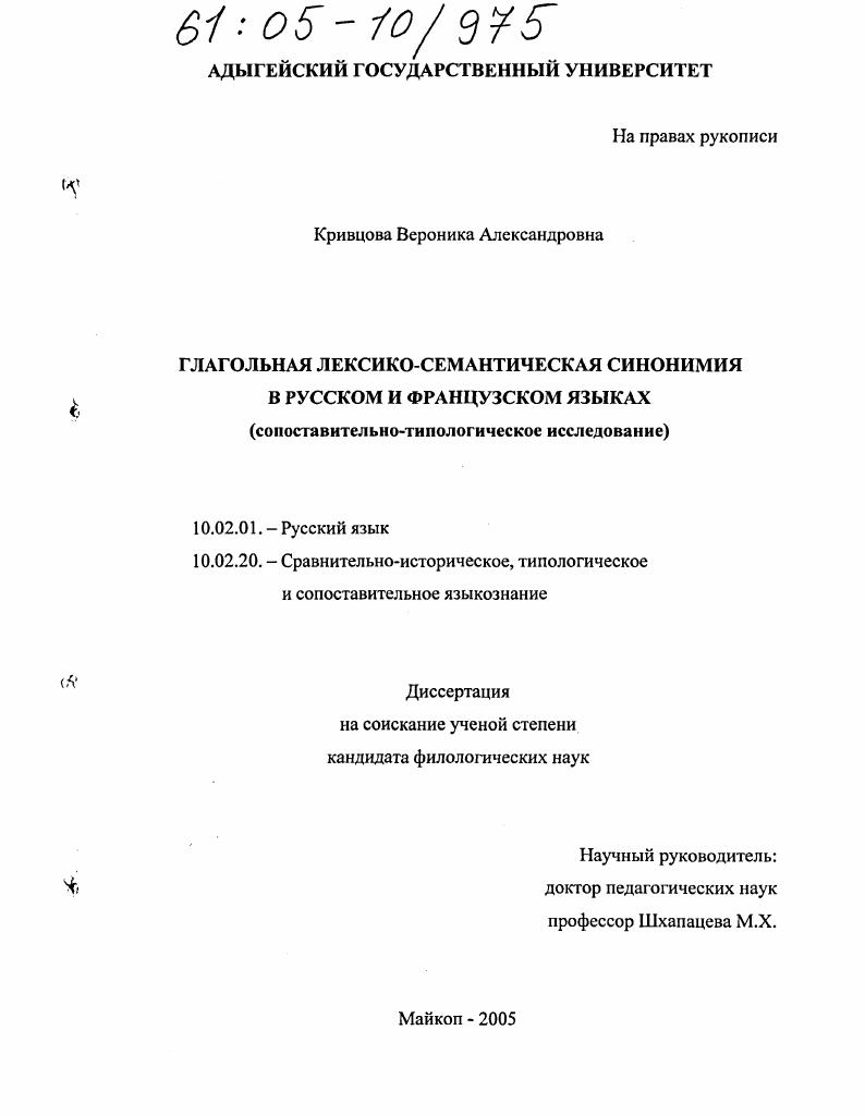 Глагольная лексико-семантическая синонимия в русском и французском языках : Сопоставительно-типологическое исследование