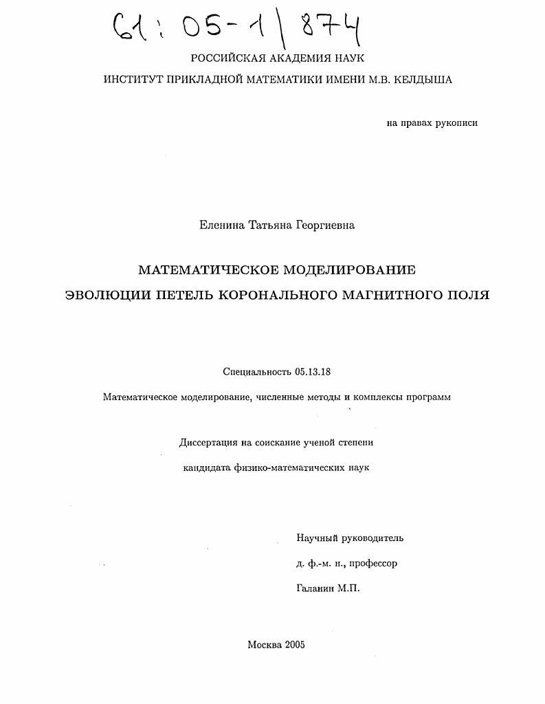 Математическое моделирование эволюции петель коронального магнитного поля