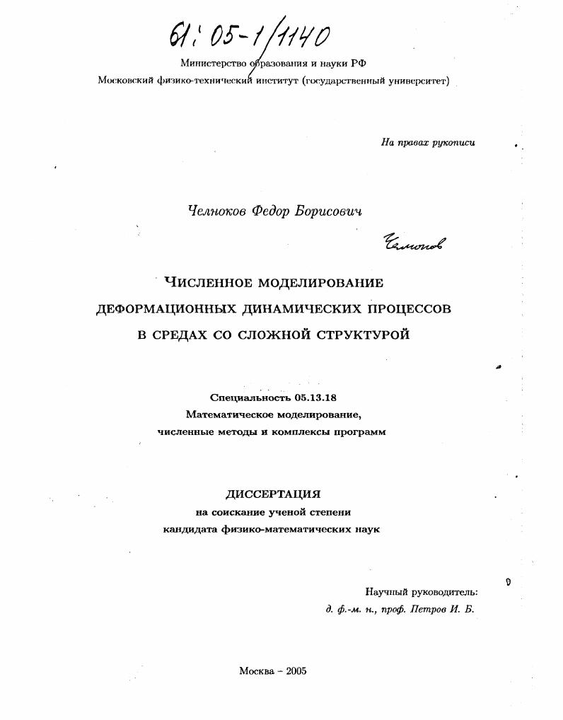 скачать диссертацию Численное моделирование деформационных динамических процессов в средах со сложной структурой Численное моделирование деформационных динамических процессов в средах со сложной структурой