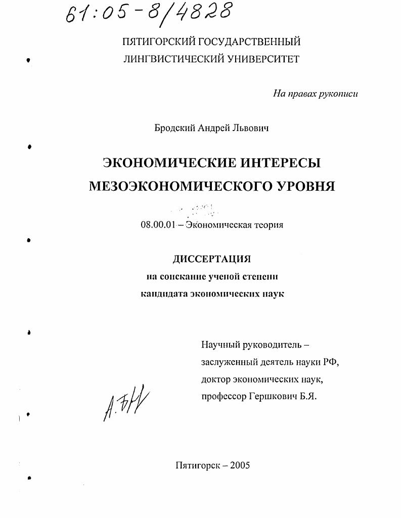 Экономические интересы мезоэкономического уровня