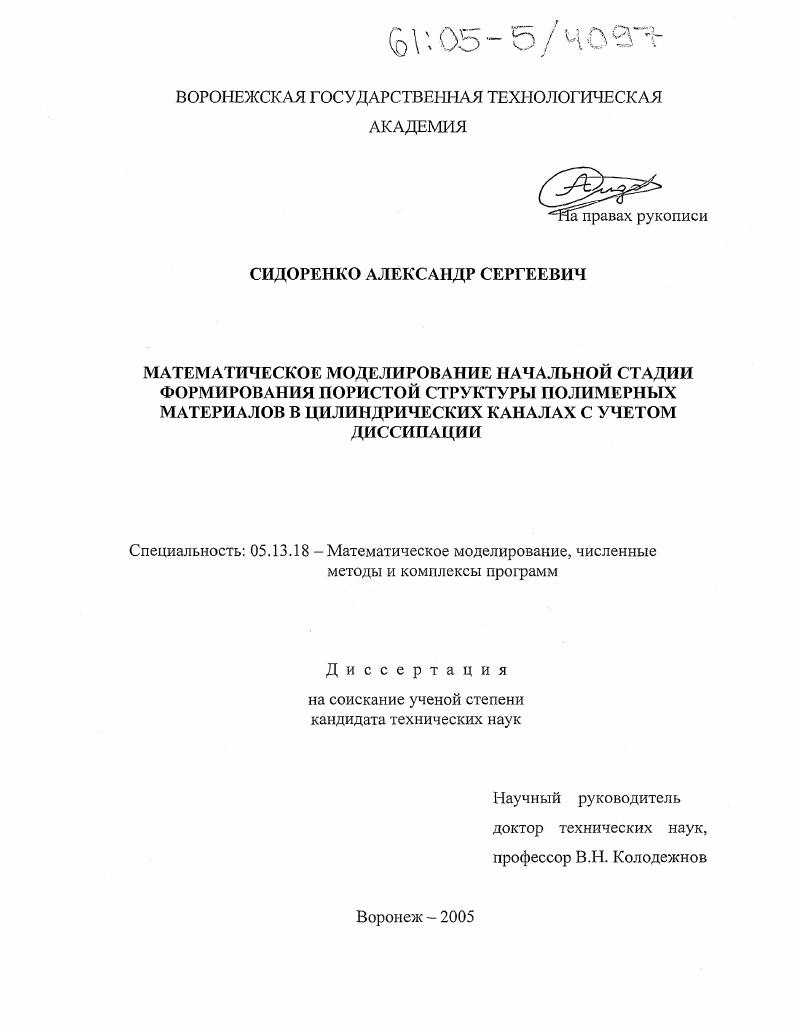 скачать диссертацию Математическое моделирование начальной стадии формирования пористой структуры полимерных материалов в цилиндрических каналах с учетом диссипации Математическое моделирование начальной стадии формирования пористой структуры полимерных материалов в цилиндрических каналах с учетом диссипации
