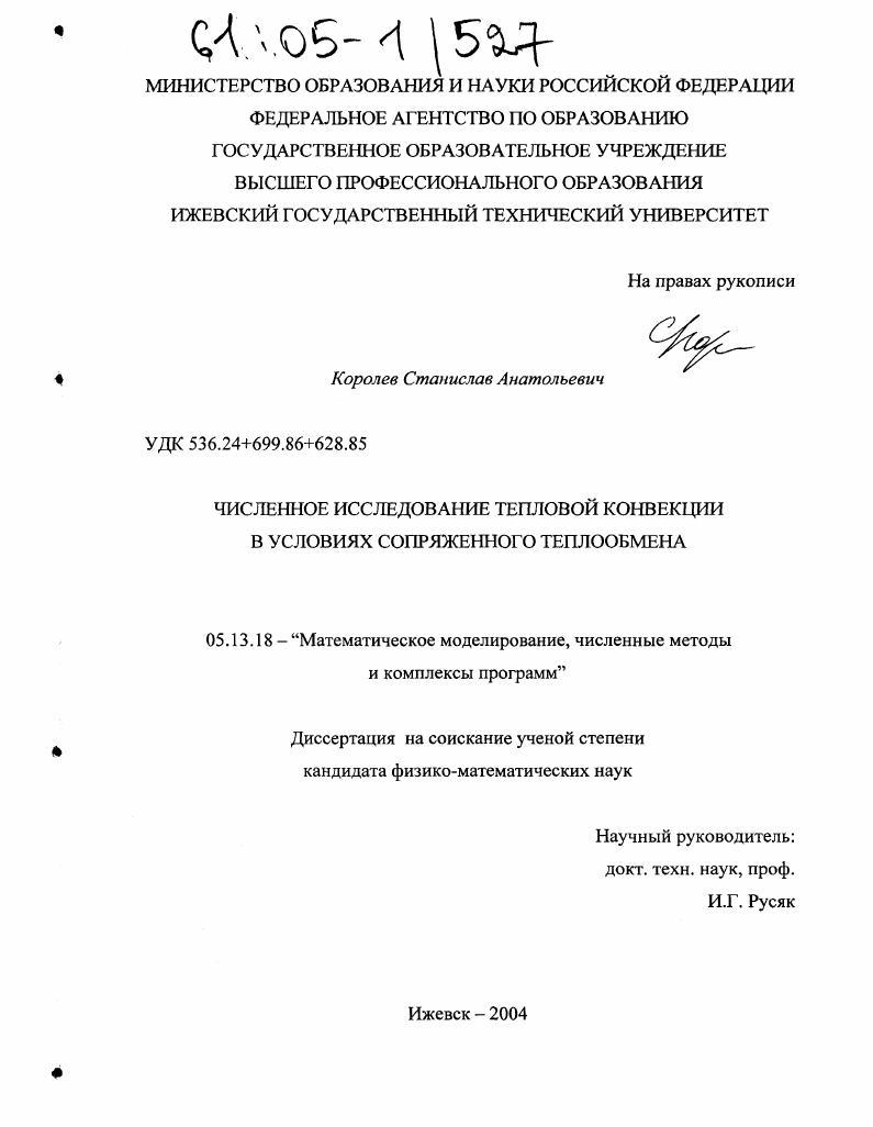 скачать диссертацию Численное исследование тепловой конвекции в условиях сопряженного теплообмена Численное исследование тепловой конвекции в условиях сопряженного теплообмена