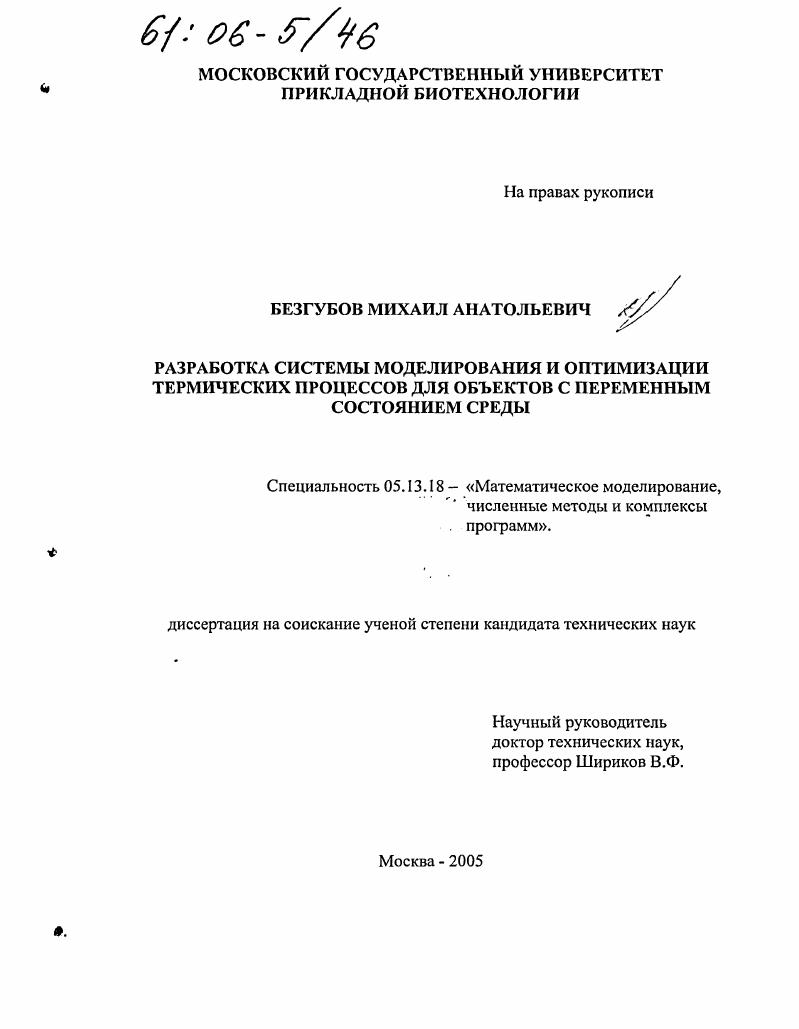 Разработка системы моделирования и оптимизации термических процессов для объектов с переменным состоянием среды
