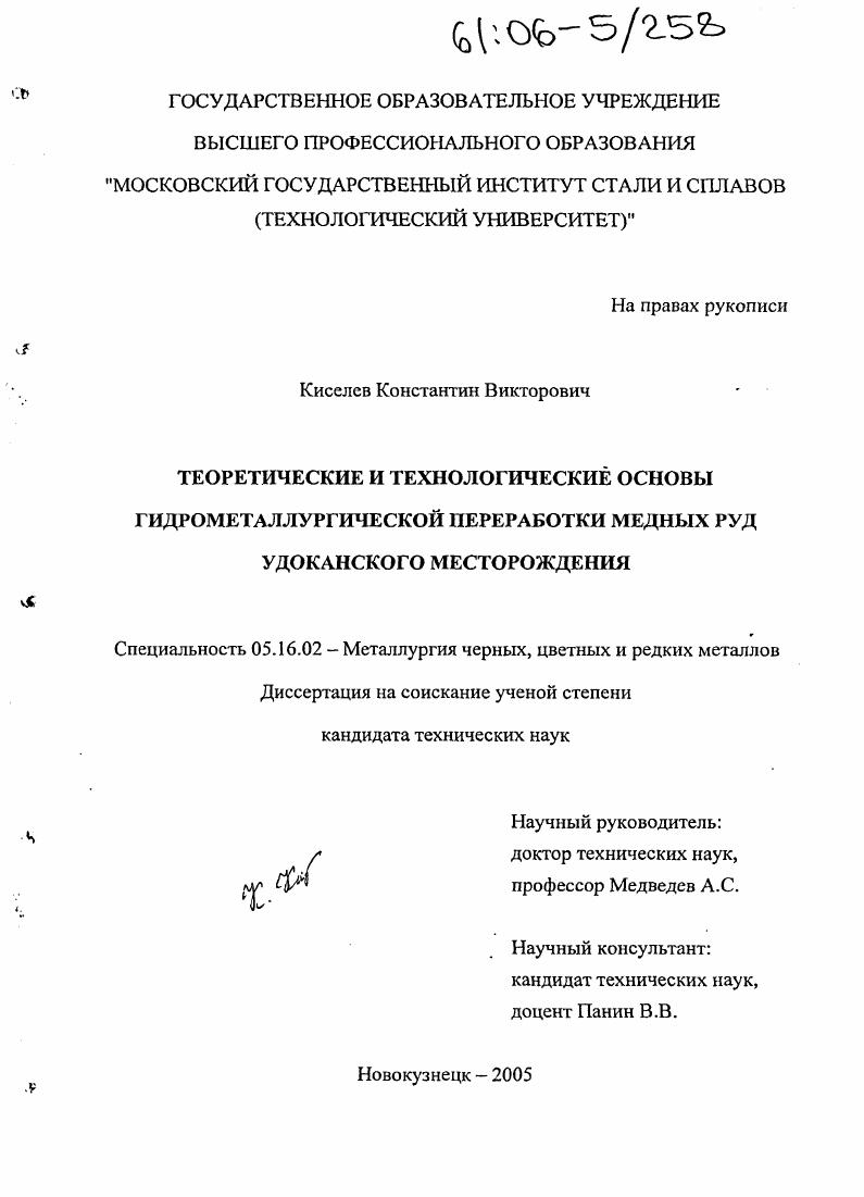 Теоретические и технологические основы гидрометаллургической переработки медных руд Удоканского месторождения