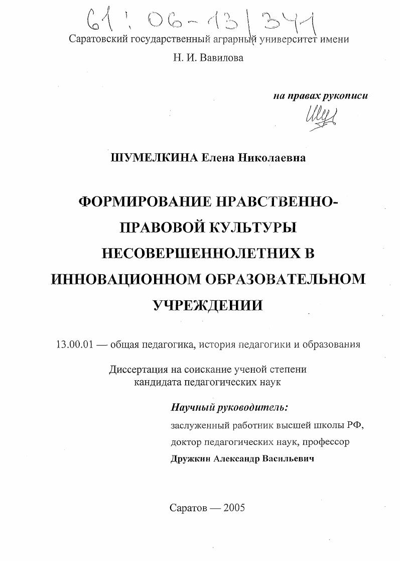 скачать диссертацию Формирование нравственно-правовой культуры несовершеннолетних в инновационном образовательном учреждении Формирование нравственно-правовой культуры несовершеннолетних в инновационном образовательном учреждении