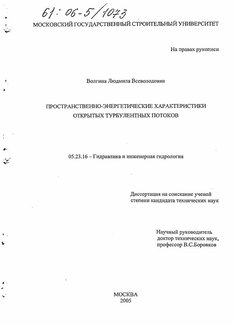 скачать диссертацию Пространственно-энергетические характеристики открытых турбулентных потоков Пространственно-энергетические характеристики открытых турбулентных потоков