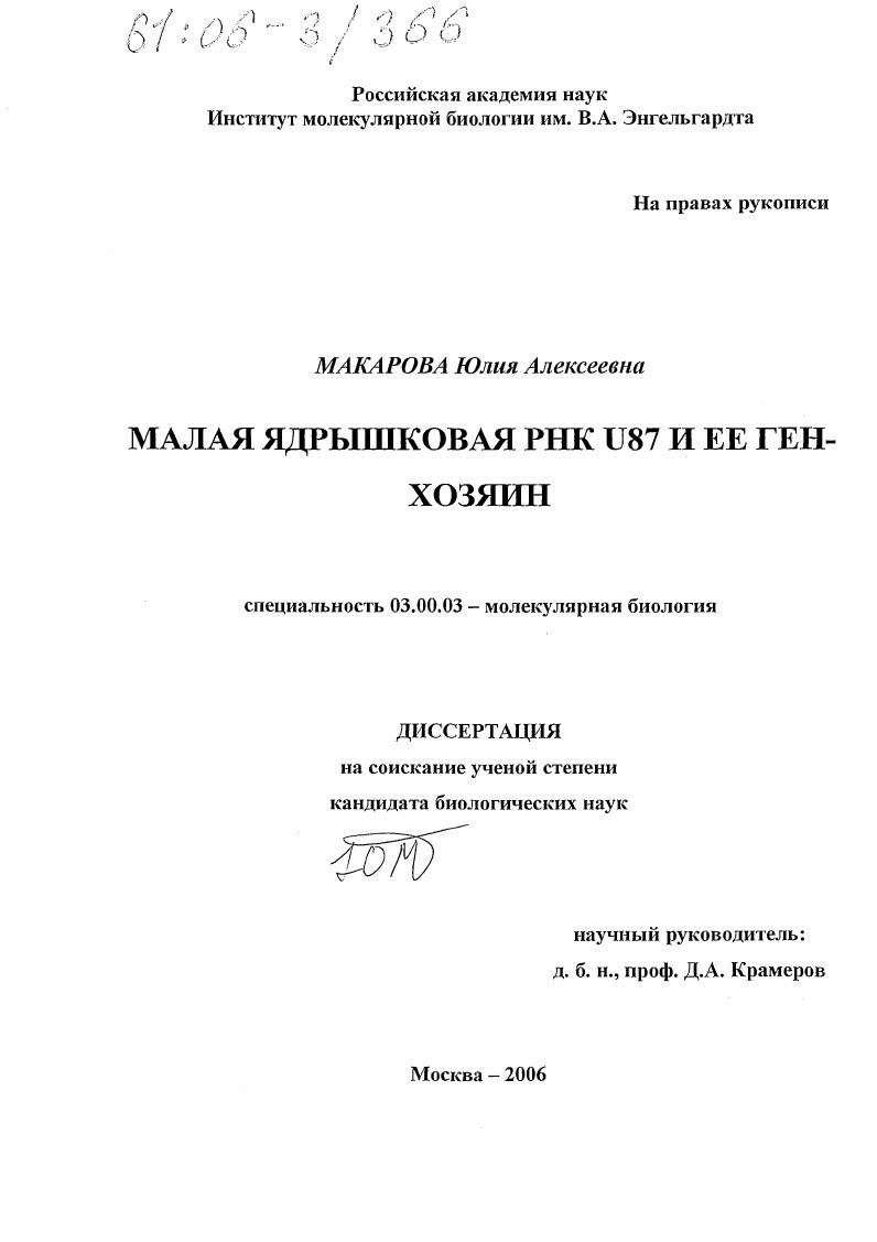 Малая ядрышковая РНК U87 и ее ген-хозяин