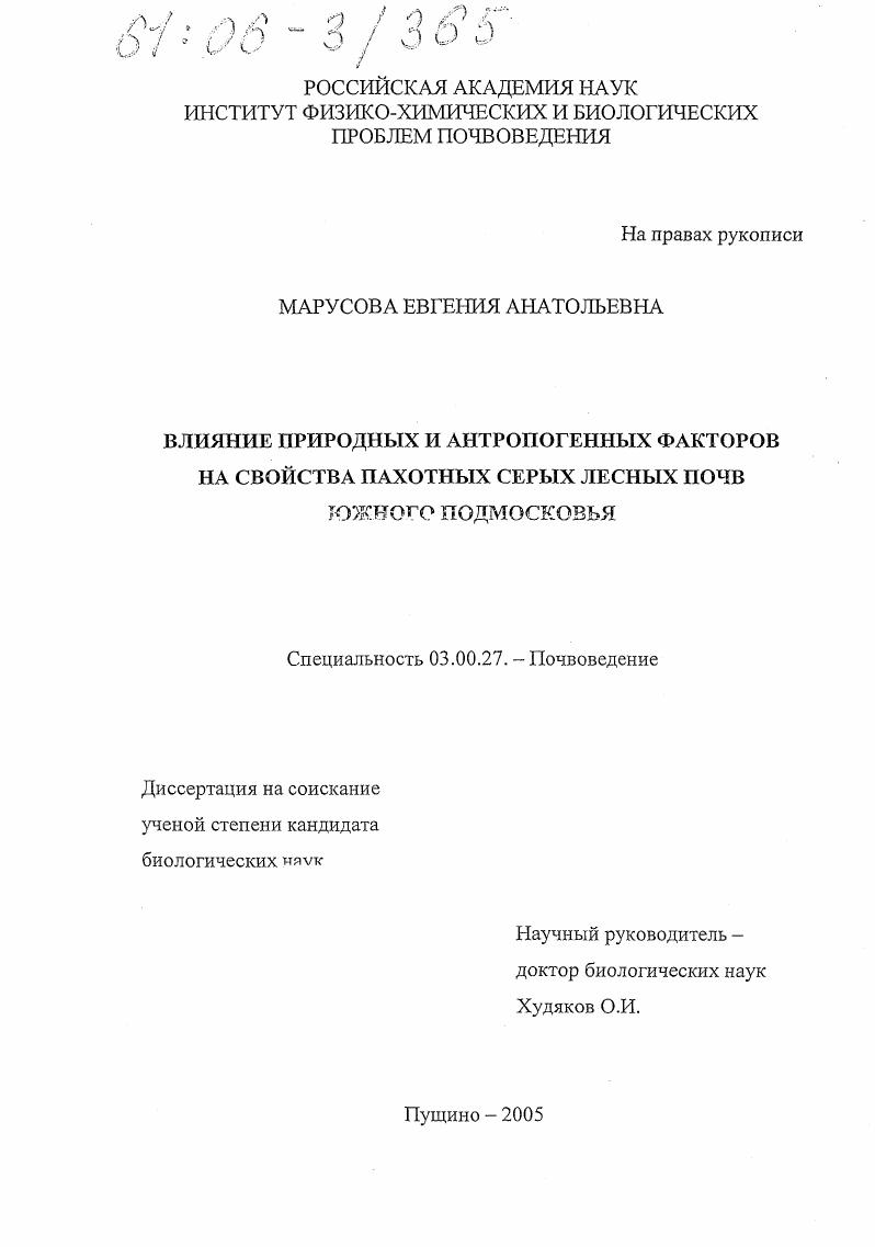 Влияние природных и антропогенных факторов на свойства пахотных серых лесных почв южного Подмосковья