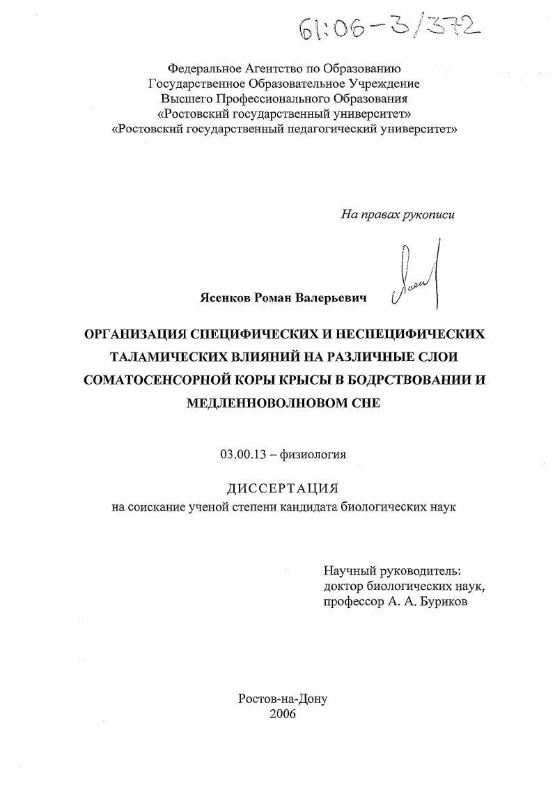 Организация специфических и неспецифических таламических влияний на различные слои соматосенсорной коры крысы в бодрствовании и медленноволновом сне