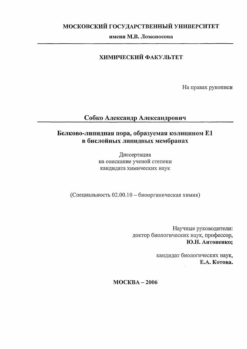 Белково-липидная пора, образуемая колицином Е1 в бислойных липидных мембранах