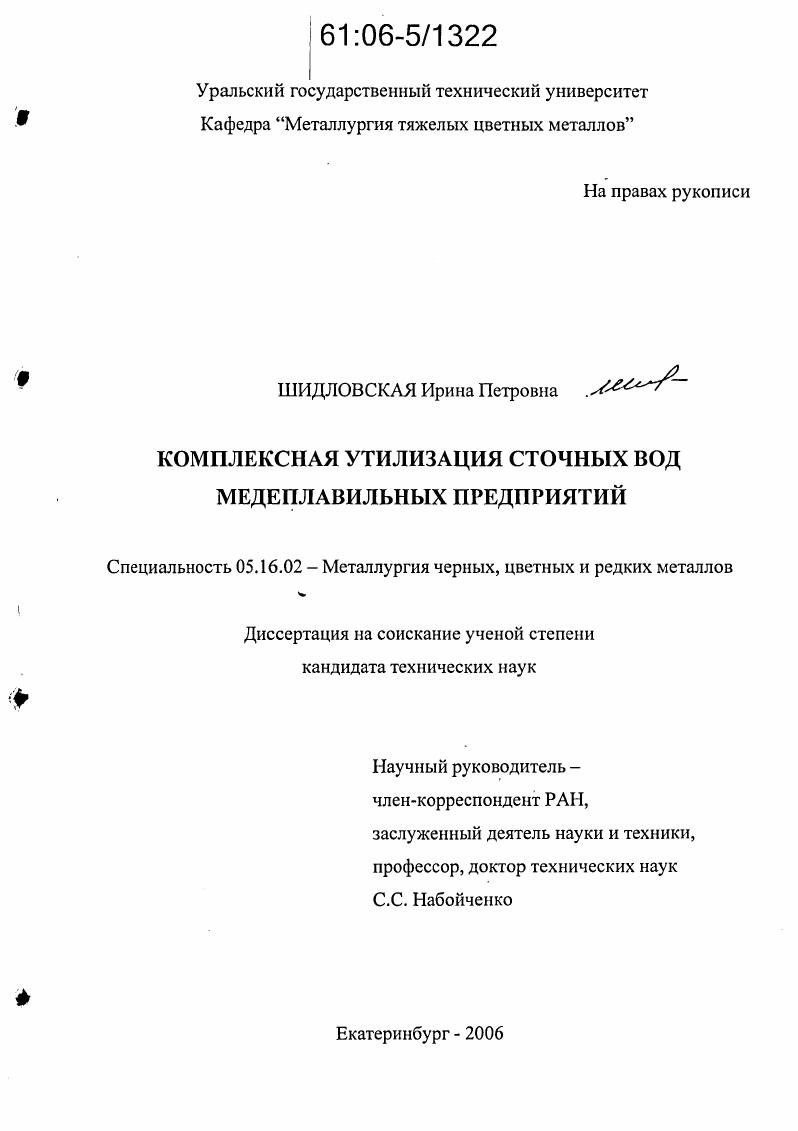 скачать диссертацию Комплексная утилизация сточных вод медеплавильных предприятий Комплексная утилизация сточных вод медеплавильных предприятий