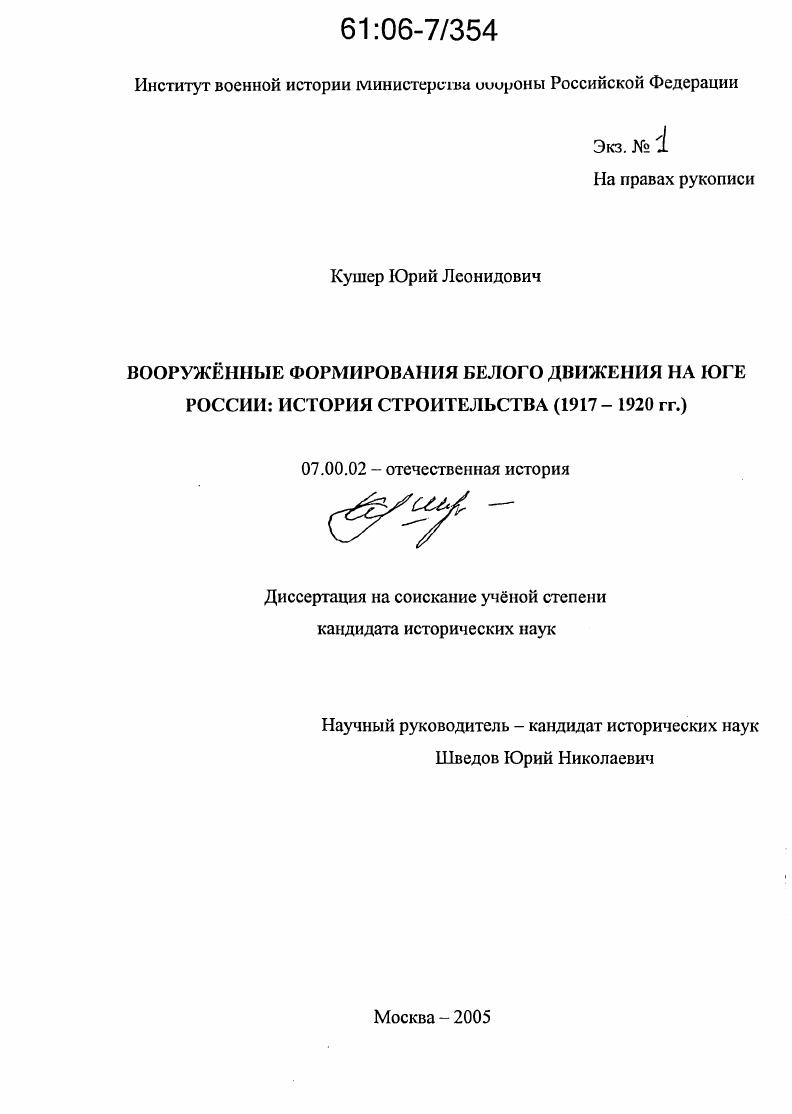 Вооруженные формирования Белого движения на Юге России: история строительства : 1917-1920 гг.
