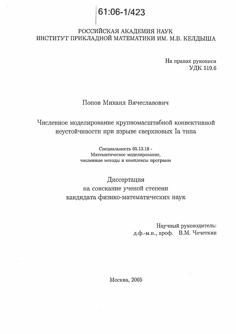 Численное моделирование крупномасштабной конвективной неустойчивости при взрыве сверхновых IA типа