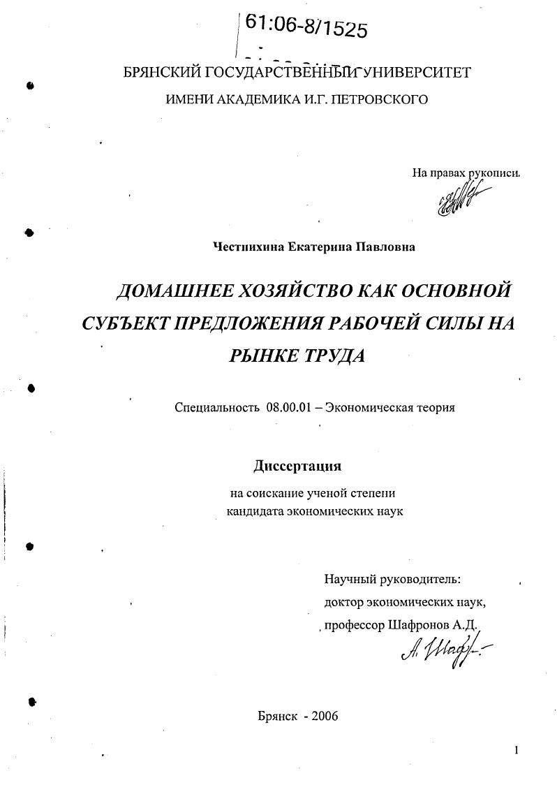 Домашнее хозяйство как основной субъект предложения рабочей силы на рынке труда