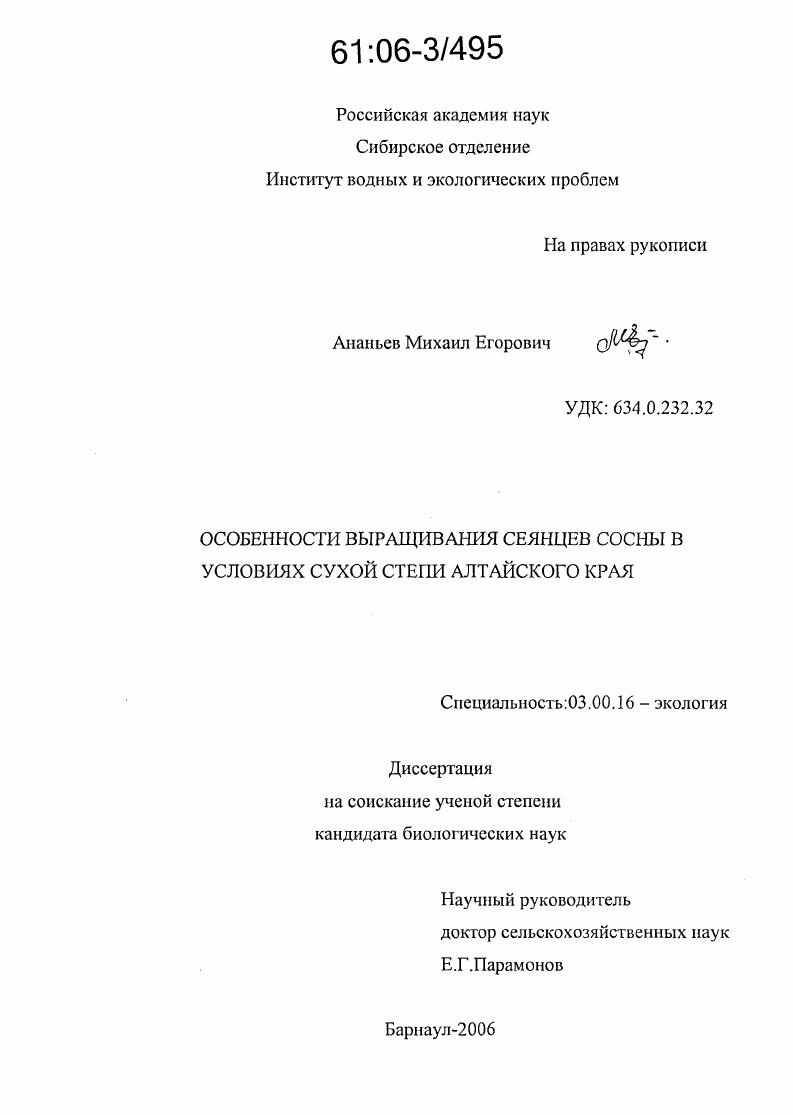 Особенности выращивания сеянцев сосны в условиях сухой степи Алтайского края