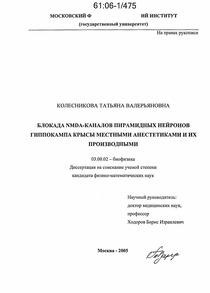 Блокада NMDA-каналов пирамидных нейронов гиппокампа крысы местными анестетиками и их производными