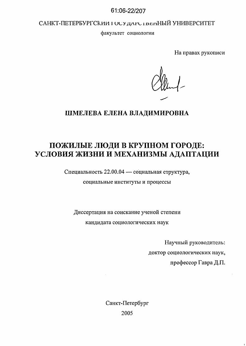 Пожилые люди в крупном городе: условия жизни и механизмы адаптации