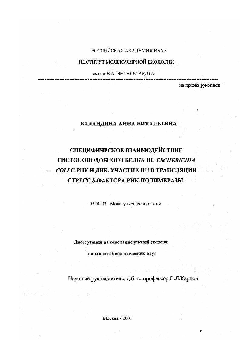 Специфическое взаимодействие гистоноподобного белка HU Escherichia coli с РНК и ДНК, участие HU в трансляции стресс сигма -фактора РНК -полимеразы