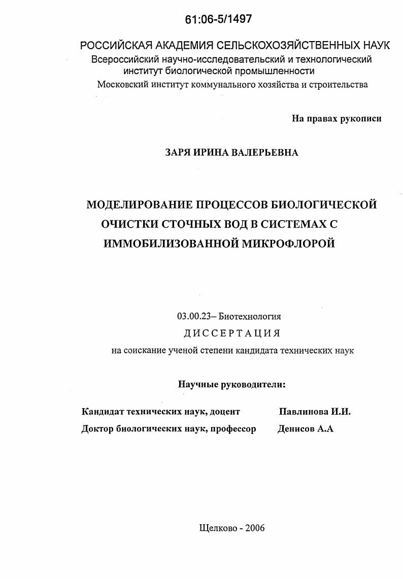 Моделирование процессов биологической очистки сточных вод в системах с иммобилизованной микрофлорой