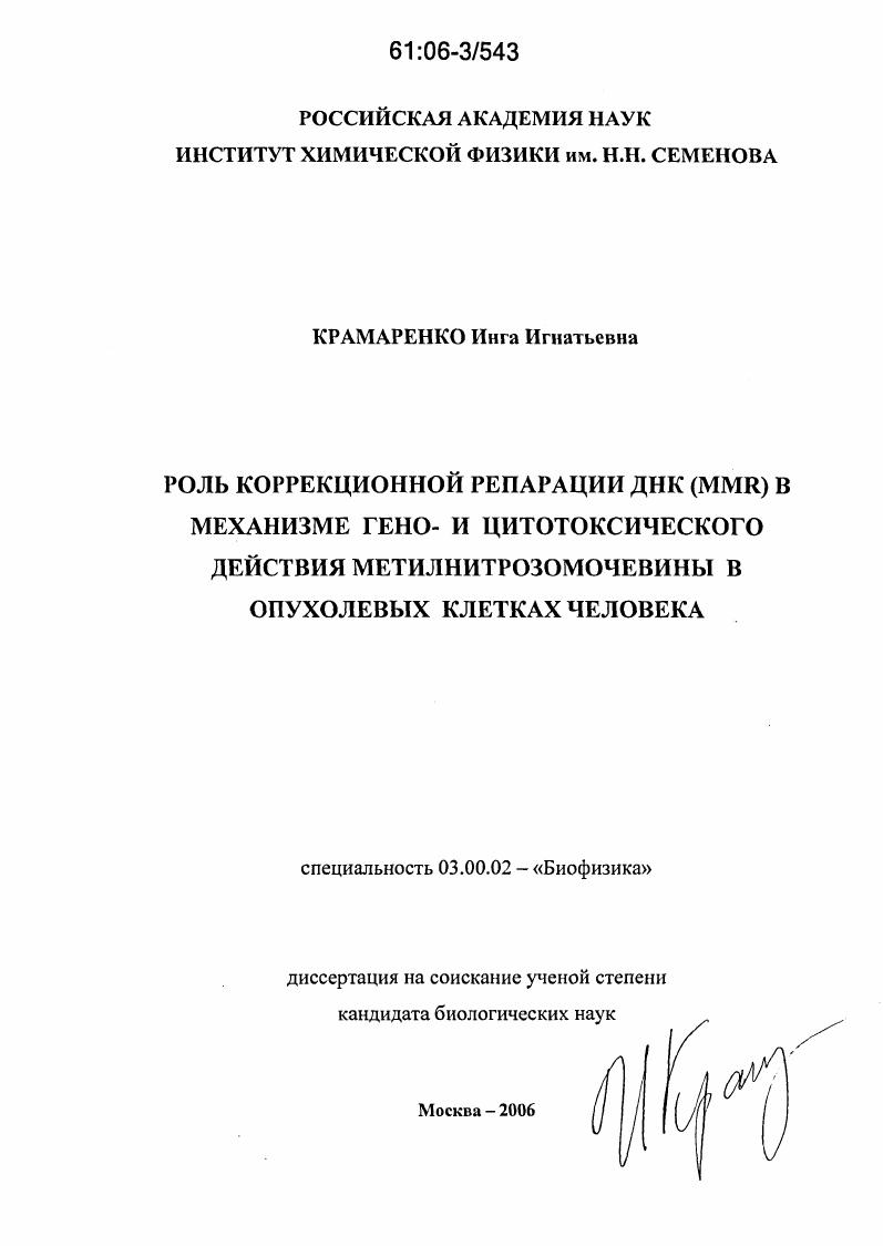 Роль коррекционной репарации ДНК (MMR) в механизме гено- и цитотоксического действия метилнитрозомочевины в опухолевых клетках человека