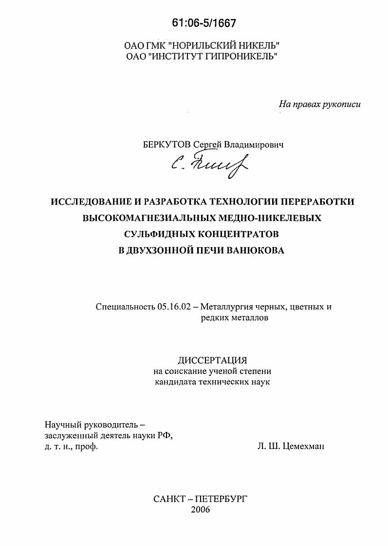 скачать диссертацию Исследование и разработка технологии переработки высокомагнезиальных медно-никелевых сульфидных концентратов в двухзонной печи Ванюкова Исследование и разработка технологии переработки высокомагнезиальных медно-никелевых сульфидных концентратов в двухзонной печи Ванюкова