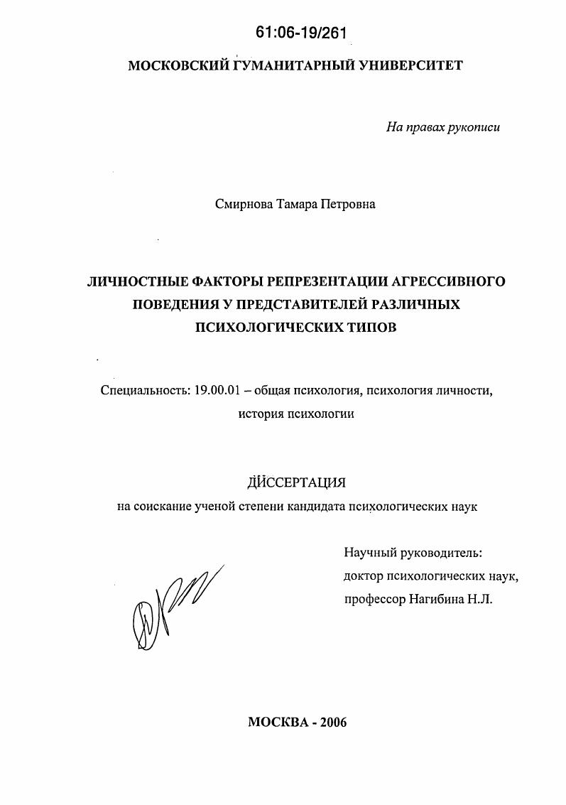 Личностные факторы репрезентации агрессивного поведения у представителей различных психологических типов