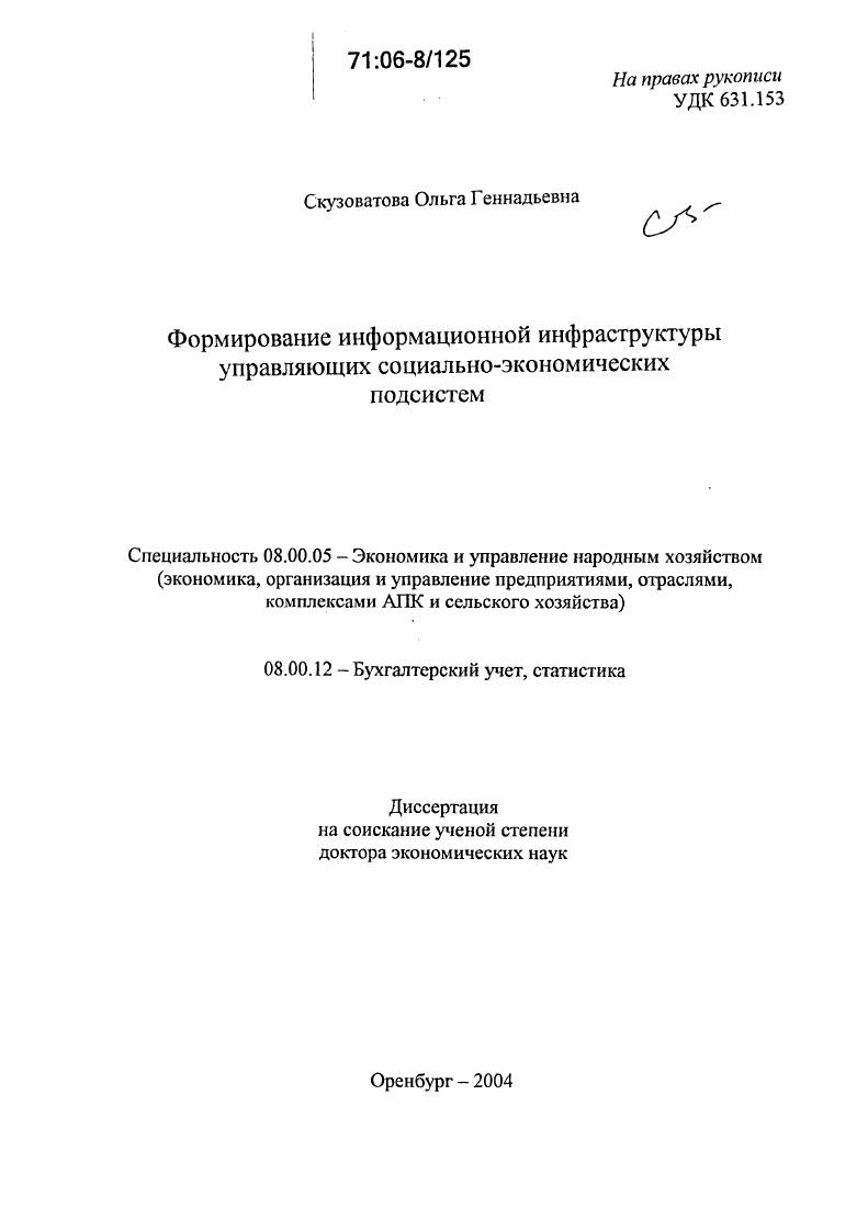 Формирование информационной инфраструктуры управляющих социально-экономических подсистем