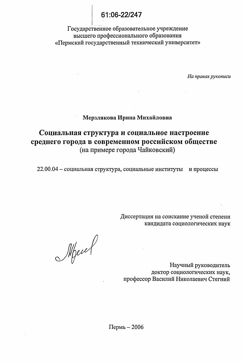 скачать диссертацию Социальная структура и социальное настроение среднего города в современном российском обществе : На примере города Чайковский Социальная структура и социальное настроение среднего города в современном российском обществе : На примере города Чайковский