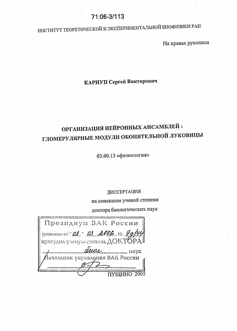 Организация нейронных ансамблей: гломерулярные модули обонятельной луковицы
