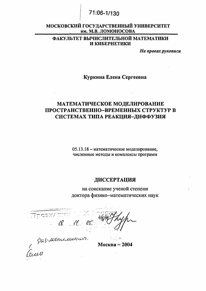 Математическое моделирование пространственно-временных структур в системах типа реакция-диффузия