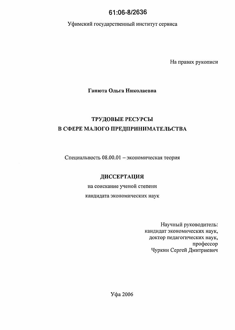 скачать диссертацию Трудовые ресурсы в сфере малого предпринимательства Трудовые ресурсы в сфере малого предпринимательства