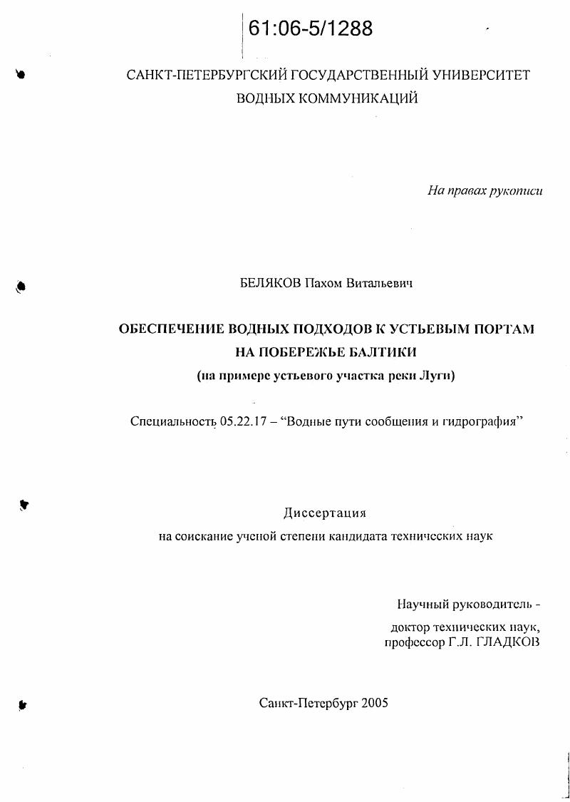 Обеспечение водных подходов к устьевым портам на побережье Балтики : На примере устьевого участка реки Луги