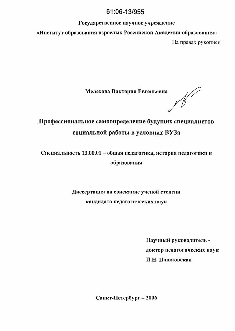 скачать диссертацию Профессиональное самоопределение будущих специалистов социальной работы в условиях ВУЗа Профессиональное самоопределение будущих специалистов социальной работы в условиях ВУЗа