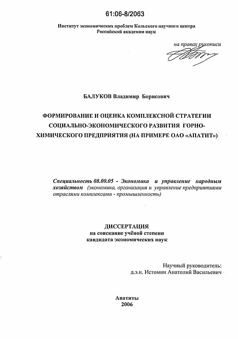 Формирование и оценка комплексной стратегии социально-экономического развития горно-химического предприятия : На примере ОАО "Апатит"