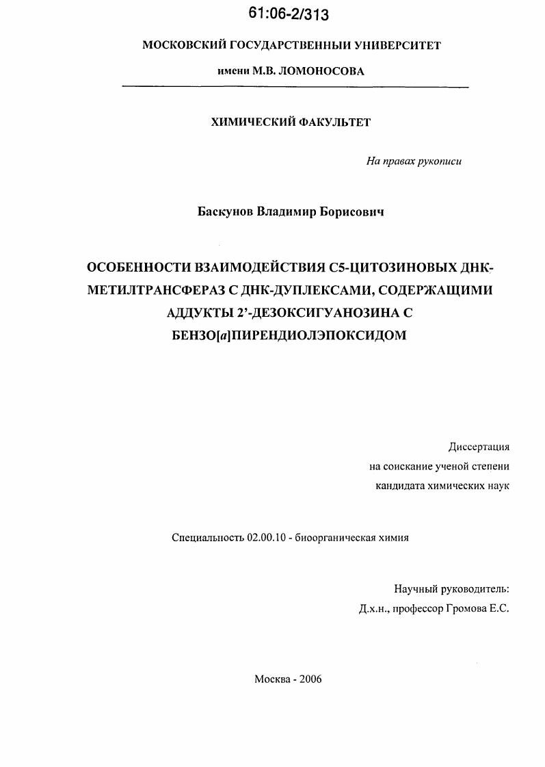 Особенности взаимодействия С5-цитозиновых ДНК-метилтрансфераз с ДНК-дуплексами, содержащими аддукты 2'-дезоксигуанозина с бензо[a]пирендиолэпоксидом