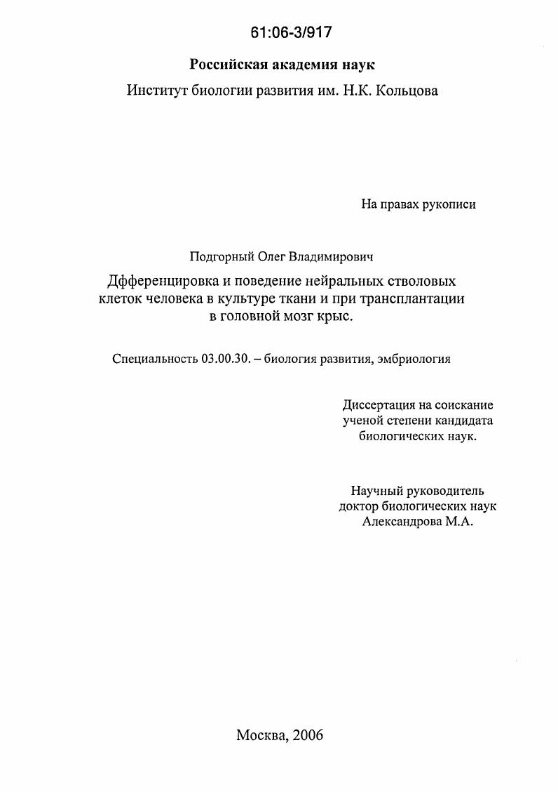 Дифференцировка и поведение нейральных стволовых клеток человека в культуре ткани и при трансплантации в головной мозг крыс