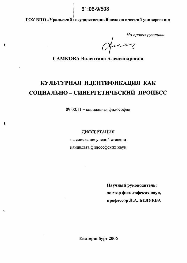 Культурная идентификация как социально-синергетический процесс