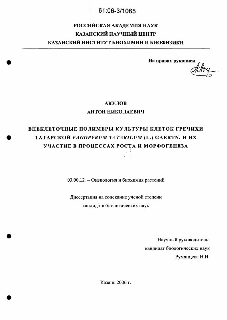 Внеклеточные полимеры культуры клеток гречихи татарской Fagopyrum tataricum (L.) Caertn. и их участие в процессах роста и морфогенеза