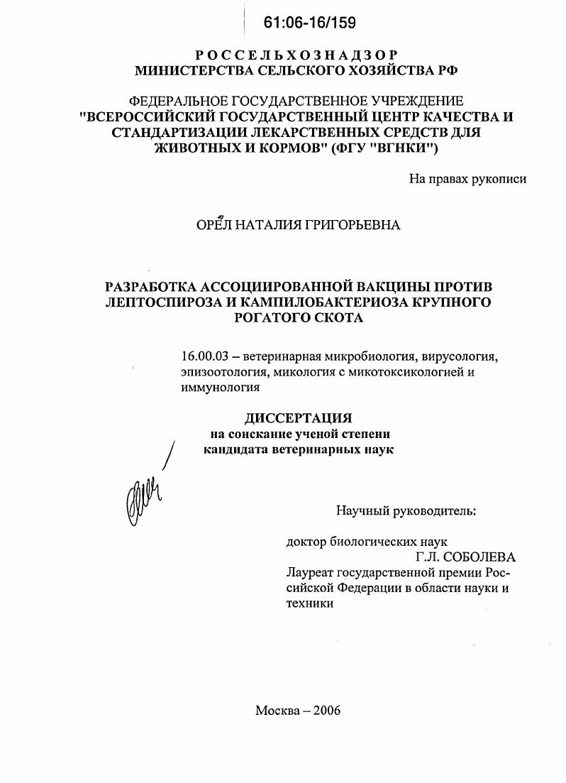 Разработка ассоциированной вакцины против лептоспироза и кампилобактериоза крупного рогатого скота