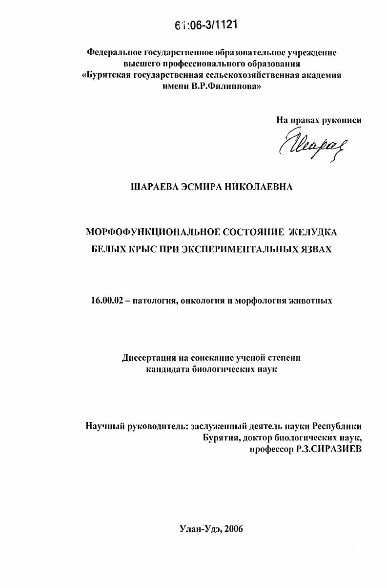 Морфофункциональное состояние желудка белых крыс при экспериментальных язвах