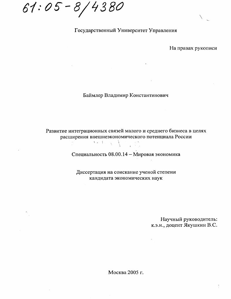 Развитие интеграционных связей малого и среднего бизнеса в целях расширения внешнеэкономического потенциала России