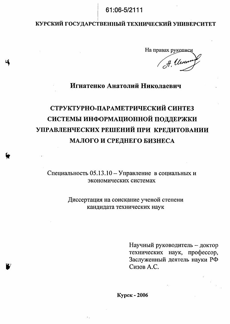 Структурно-параметрический синтез системы информационной поддержки управленческих решений при кредитовании малого и среднего бизнеса
