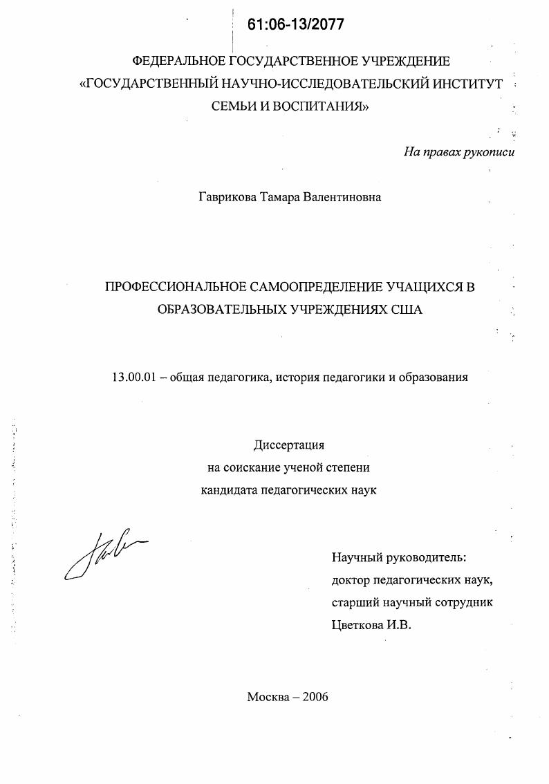 Профессиональное самоопределение учащихся в образовательных учреждениях США