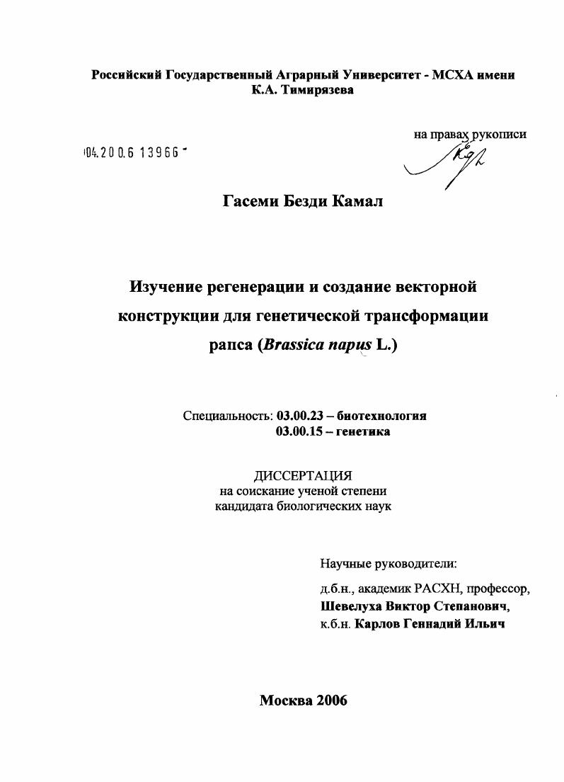 Изучение регенерации и создание векторной конструкции для генетической трансформации рапса (Brassica napus L.)