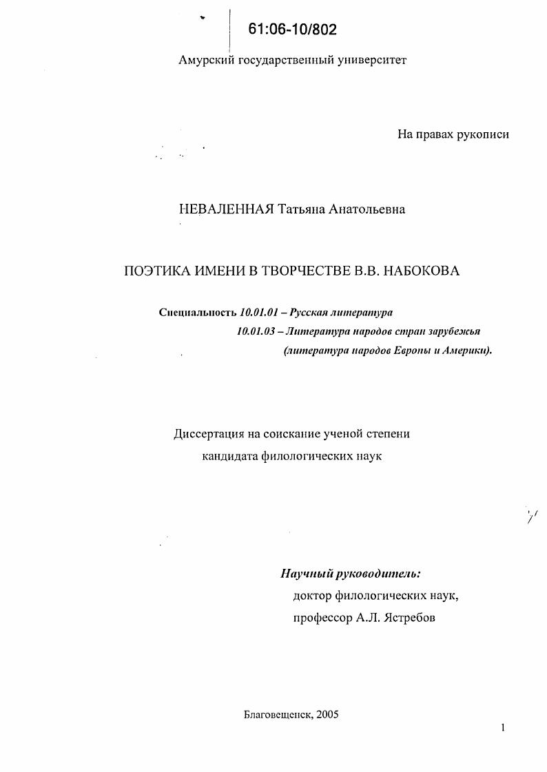 скачать диссертацию Поэтика имени в творчестве В.В. Набокова Поэтика имени в творчестве В.В. Набокова